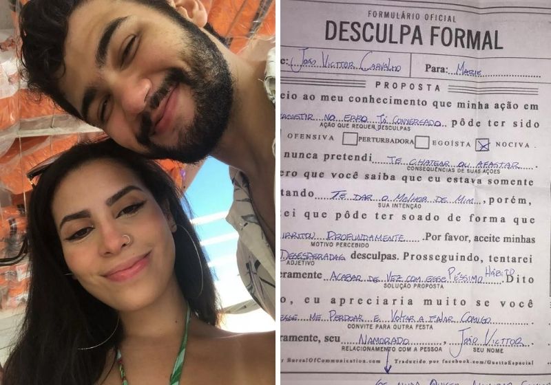 Com Formulário de Pedido de Desculpa jovem reata namoro e viraliza João Victtor, de 22 anos conseguiu reatar com a Marielle, de Natal, após dois dias tomando “gelo”. O pedido formal de desculpa deu certo.- Fotos: Arquivo Pessoal