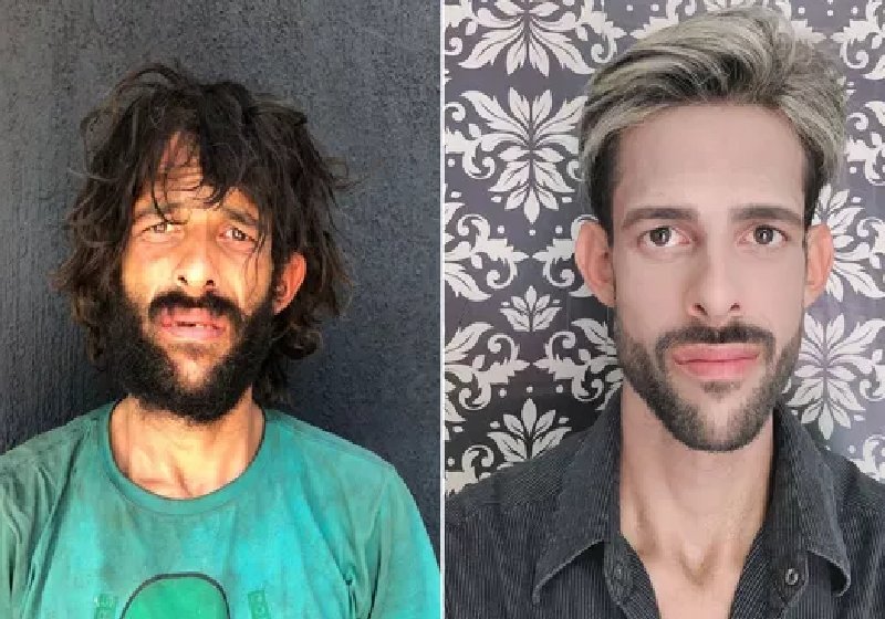 O Bruno Henrique, de 33 anos, antes e depois da transformação feita pelo cabeleireiro Leandro Matias, de Votorantim - Fotos: arquivo pessoal
