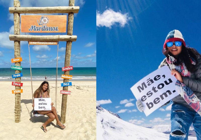 Bianca fez a placa para tranquilizar mãe e a leva por todos os lugares - Foto: reprodução Instagram