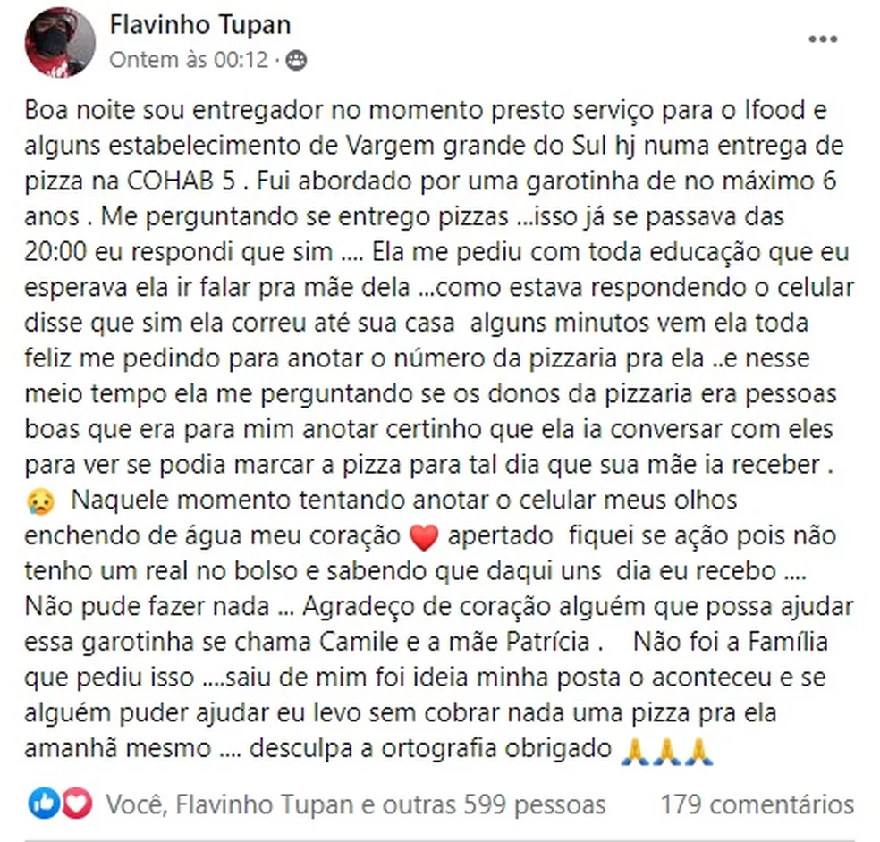 Para conseguir ajuda a menina, Flavio fez um post no Facebook. Foto: Reprodução/Facebook