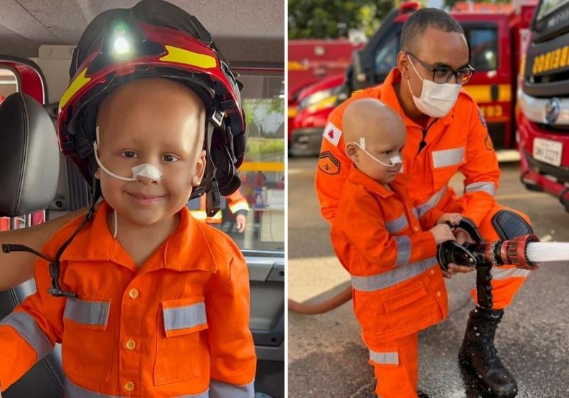 Arthur faz tratamento há quase nove meses para leucemia e é apaixonado pelo Corpo de Bombeiros. Fotos: Agência Minas