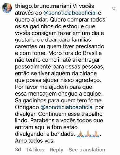 Mensagem deixada por Thiago no Instagram da lanchonete - Foto: reprodução Instagram