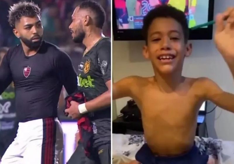 Filho de lateral chora ao ver o pai ganhando a camiseta de Gabigol pela TV. Fotos: Reprodução/vídeo