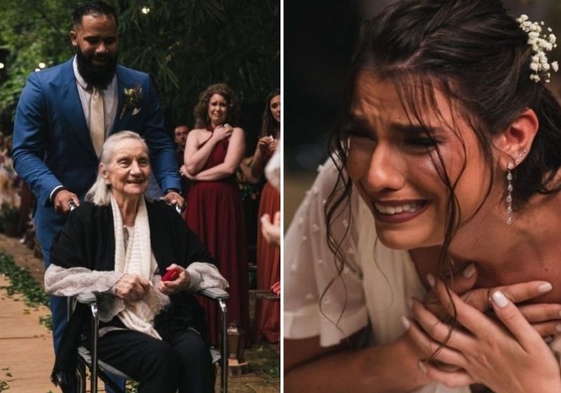 Sem que a neta soubesse, quem aparece com as alianças no casamento é a avó dela, que tem Alzheimer - Fotos: Reprodução/vídeo