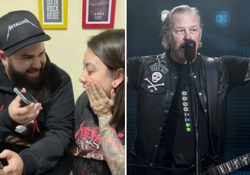 Muito emocionada, Joice publicou o vídeo em que recebem a ligação do vocalista do Metallica. Fotos: Reprodução/redes sociais
