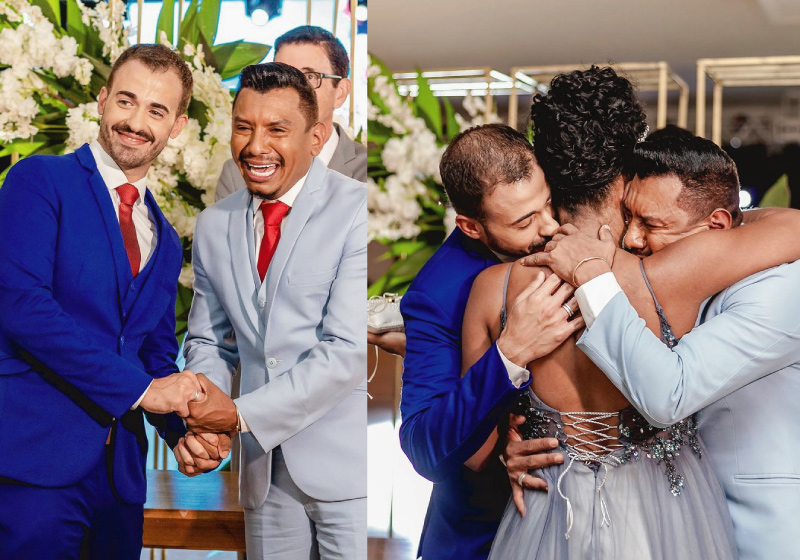 O casal convidou Milena, que é barriga solidária dos bebês deles, para entrar na igreja com as alianças - Foto: reprodução Instagram