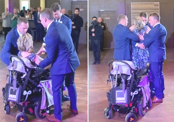 Zak Poirier, 28, no dia de seu casamento no mês passado dançou com sua mãe que tem ELA, com ajuda dos irmãos Foto: Jam Press