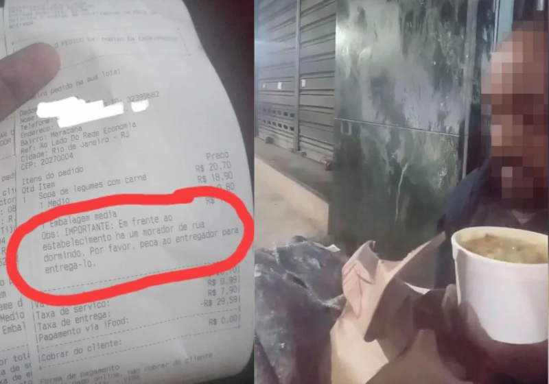 O pedido do cliente tinha um bilhete para entregar a sopa ao sem-teto que passava frio - Foto: reprodução
