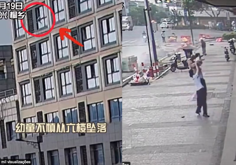 O herói estava caminhando ao lado de uma mulher e falando ao telefone quando percebeu que a criança estava prestes a cair da janela - Fotos: reprodução /Twitter