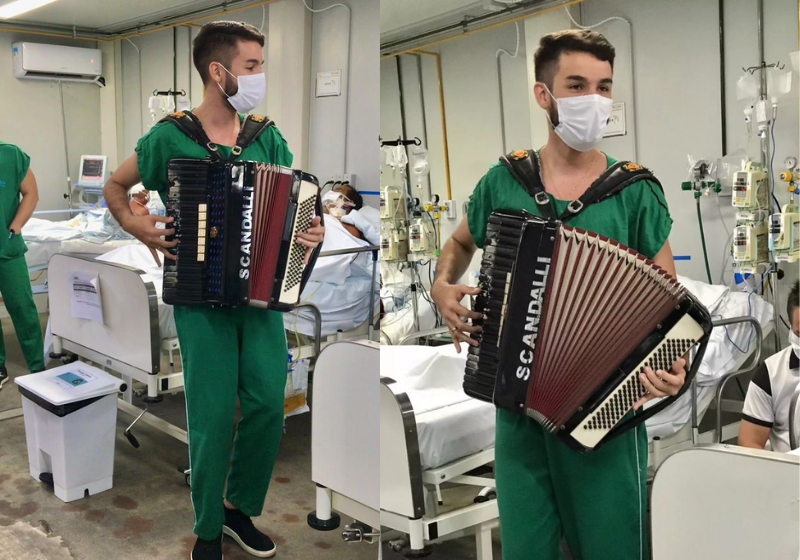 O estudante de Medicina acredita que tocar sanfona para os pacientes ajuda a melhorar a saúde deles - Foto: reprodução