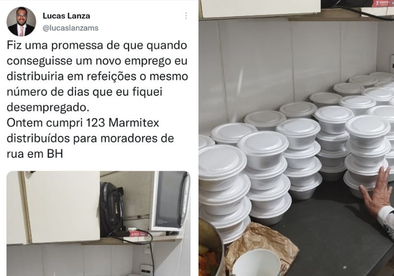 Pai de duas crianças, Lucas passou 123 dias procurando emprego e conversou o número em marmitas para comemorar sua vitória - Fotos: Reprodução/Twitter