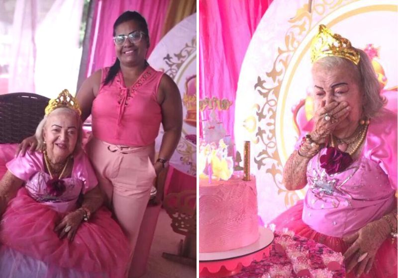 Com o tema ‘Princesas’, a decoração toda foi de cor rosa e a idosa arrasou no vestido, com direito a coroa e maquiagem. Fotos: Arquivo Pessoal