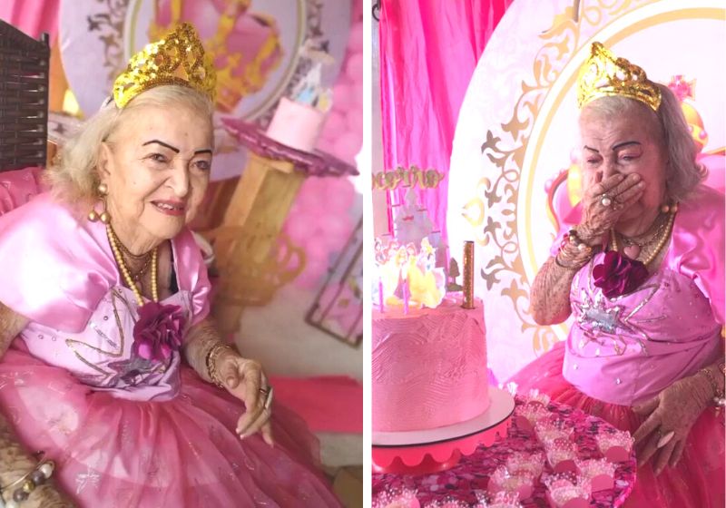 Idosa celebra aniversário com roupa e decoração da Barbie no