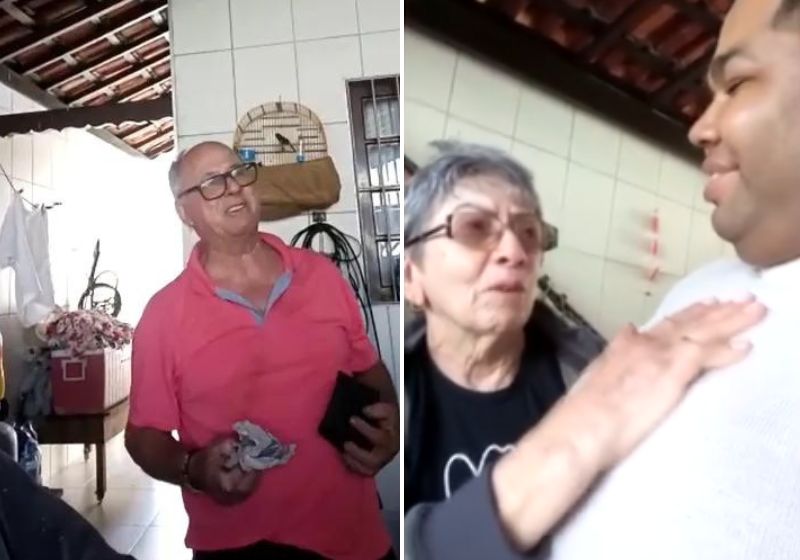 A idosa chorou emocionada ao receber o dinheiro de volta e prometeu rezar pelo motorista. Fotos: Reprodução / vídeo