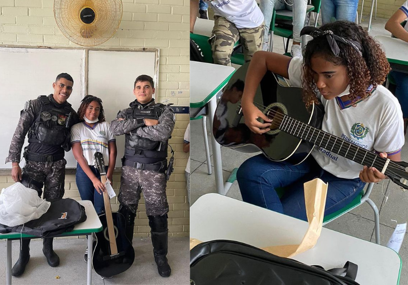 Os policiais compraram um violão e deram de presente para a jovem. Ela vendia doces para comprar o instrumento - Foto: reprodução Instagram @rocam_pmpe