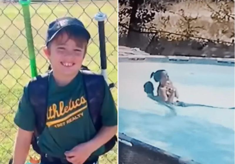 O momento em que o pequeno Gavin entra na piscina para salvar a sua mãe é registrado por uma câmera de segurança da casa. Fotos: Divulgação