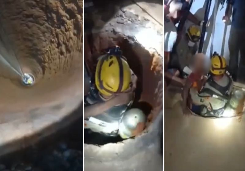 Para realizar o resgate, os bombeiros informaram que utilizaram métodos de salvamento terrestre, com tripé e sistema de multiplicador de forças. Fotos: Reprodução/vídeo