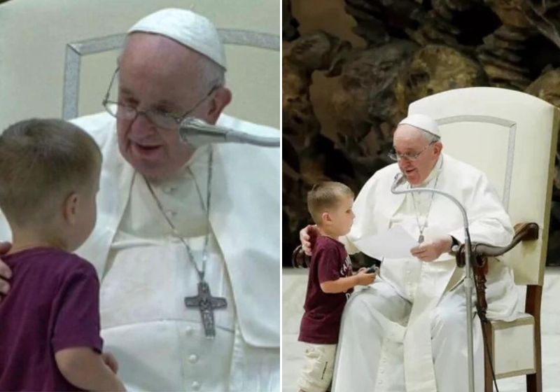 A criança roubou a cena e foi presenteada com um rosário entregue pelo papa, além de ganhar afagos na cabeça - Fotos: Reprodução/vídeo
