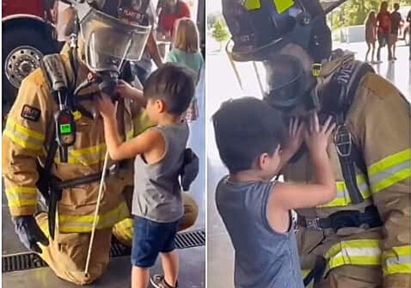 Nas imagens, o menino cego passa as mãos pelas engrenagens e cada detalhe dos equipamentos no corpo do bombeiro - Fotos: Reprodução/vídeo