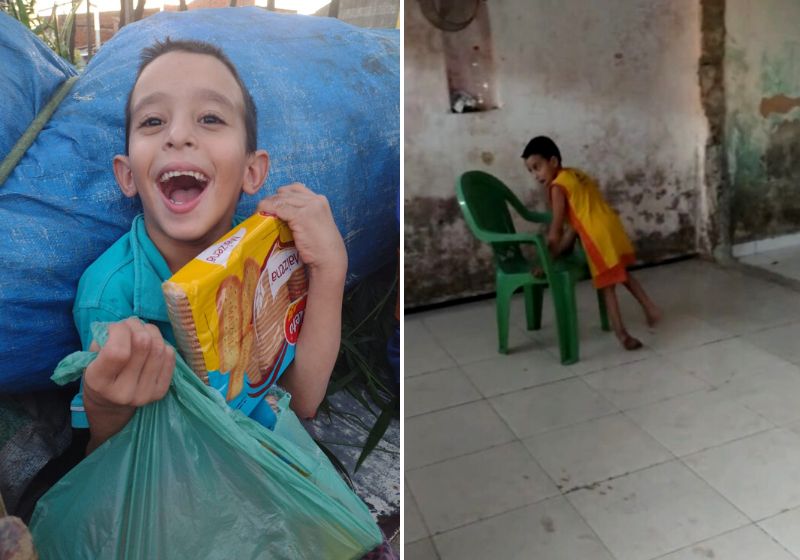 Com a cadeira de plástico que a mãe, catadora de recicláveis, encontrou no lixo, João se sente livre e brinca o dia todo. Fotos: Reprodução/vídeo