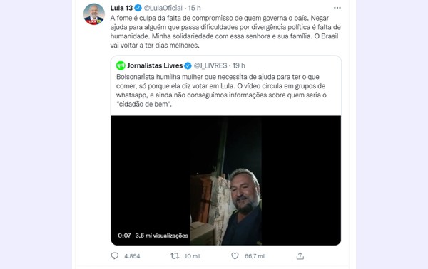 Lula (PT) falou sobre vdeo de Itapeva no Twitter  Foto: Twitter/Reproduo