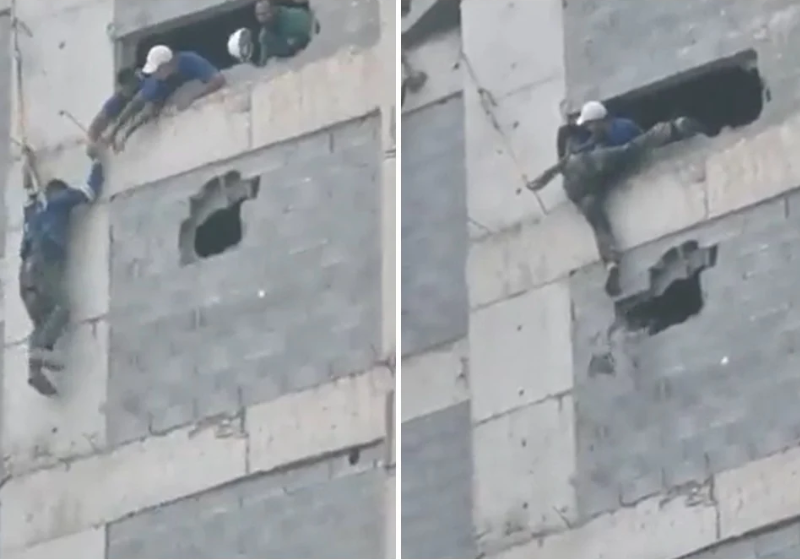 Colegas abriram um buraco para salvar o operário que ficou pendurado no prédio - Foto: reprodução