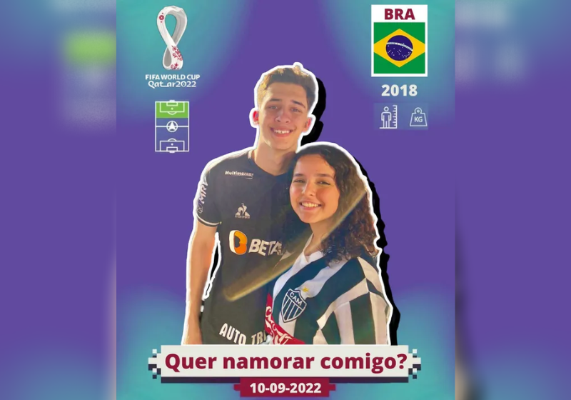 O jovem fez o pedido de namoro com uma figurinha personalizada da Copa com a foto dos dois - Foto: reprodução