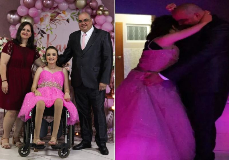 A adolescente tetraplégica realizou o sonho de dançar a valsa com o pai, em Bauru (SP). Fotos: Reprodução