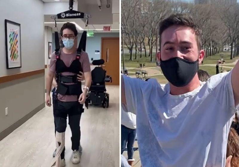 Para celebrar seus primeiros passos após meses sem andar e sem perspectivas de melhoras pelos médicos, Chase subiu as escadarias do Rocky Balboa. Fotos: Reprodução/vídeo