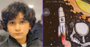 Gabriel e o desenho que o levou a ser um dos vencedores do concurso. Fotos: Arquivo Pessoal/Dumont Escola de Robótica