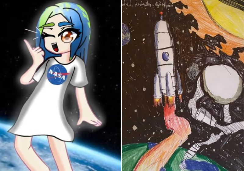 A Nasa recebeu, ao todo, 1.250 desenhos no 'NASA Space Place Art Challenge' e dois alunos brasileiros venceram. Desenho (esq) Isadora, (dir) Gabriel - Fotos: Reprodução