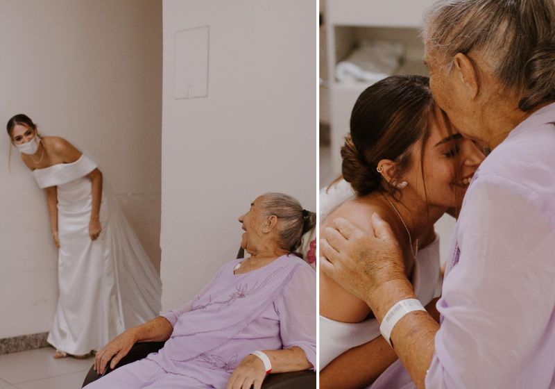Com a avó muito doente, Bruna foi vestida de noiva ao hospital pedir a benção dela. Fotos: Redes Sociais