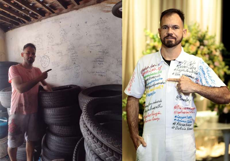 Vladimir estudava as matérias na parede da borracharia, entre um atendimento e outro. Agora comemora a formatura em Educação Física - Foto: arquivo pessoal