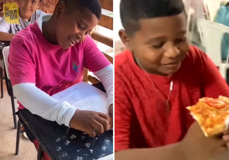 O Cauê finalmente realizou o sonho de "ir na pizzaria" e comer pizza, depois de comover internautas - Fotos: Reprodução/vídeo