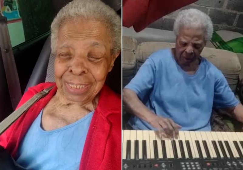 Dona Neide é formada em música e tocou a vida toda, mas agora doente e aposentada ela pede um teclado de presente de Natal. Fotos: Reprodução/vídeo