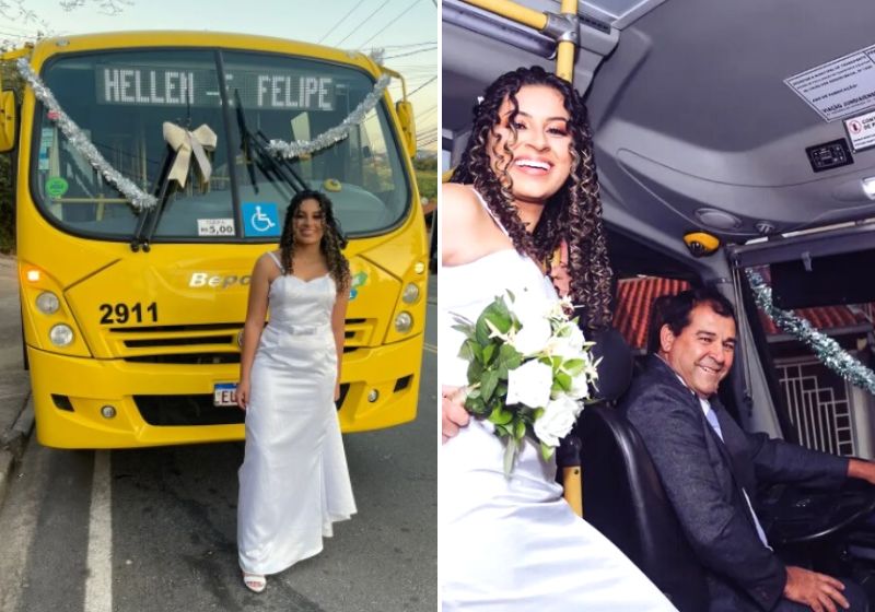 A noiva Hellen fez a homenagem ao pai, que trabalha há 26 anos dirigindo ônibus e sustenta até hoje a família. Fotos: Arquivo Pessoal