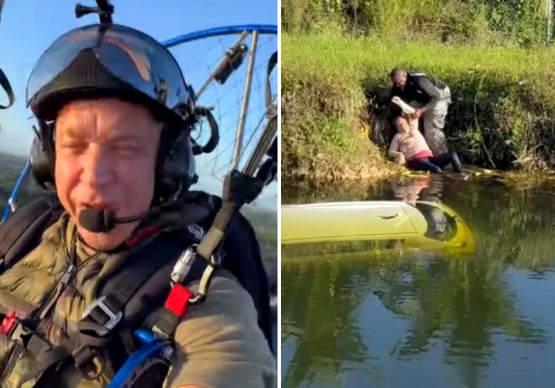 O paraquedista sente que Deus o usou para resgatar a mulher no lago cheio de jacarés. Fotos: Reprodução/vídeo