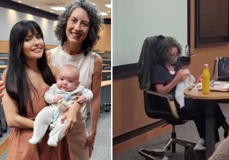 No vídeo publicado nas redes sociais, é possível ver a professora de Direito Processual Civil cuidando com todo carinho do bebezinho da aluna. Fotos: Reprodução/Redes Sociais