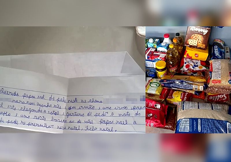 Na cartinha encontrada por vizinhos, a garotinha pedia ao bom velhinho cesta básica e um manto de um personagem de anime. Fotos: Reprodução/Crescer