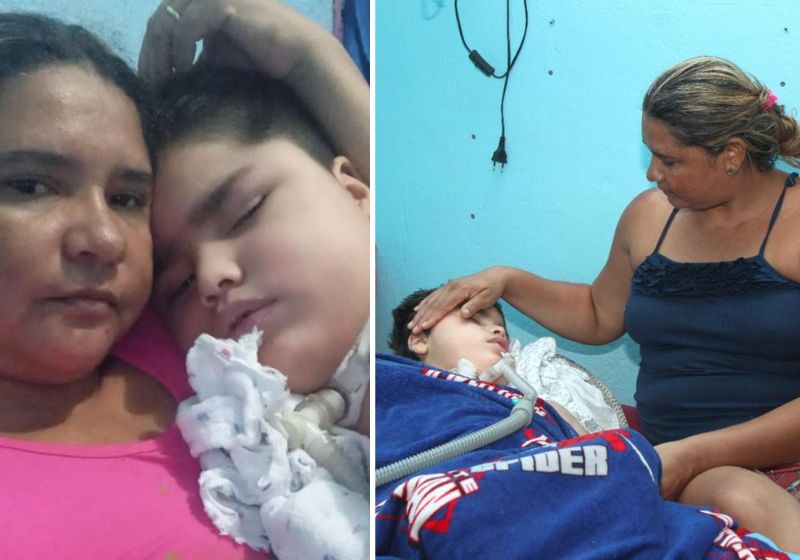 Calebe sofreu uma parada respiratória e há 7 anos respira e se alimenta somente com a ajuda de um aparelho que pode parar de funcionar a qualquer momento - Fotos: Arquivo Pessoal