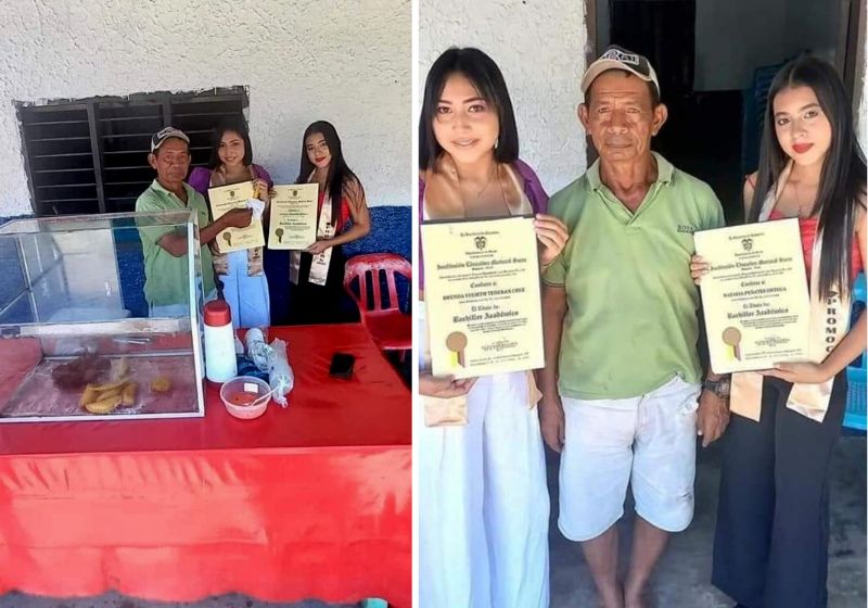 O seu Pilink dava salgados de graça para matar a fome das alunas antes das aulas e elas o homenagearam na formatura . Fotos: Reprodução/Internet