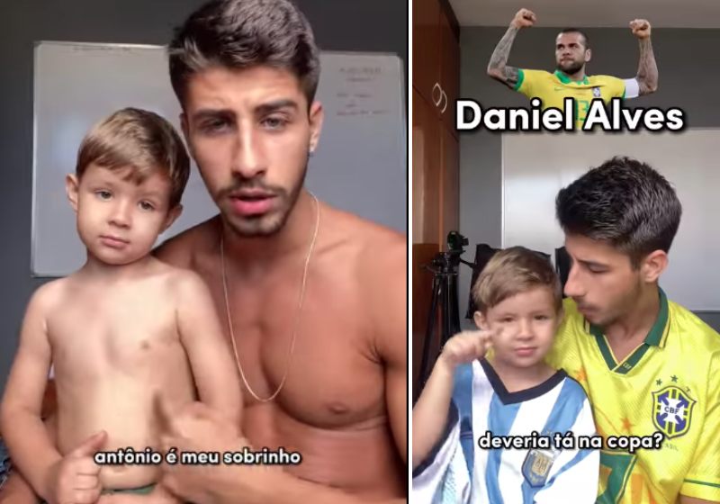 O menino Antonio e o Tio Yago estão fazendo sucesso nas redes ensinando nomes de jogadores em Libras na Copa do Mundo - Fotos; reprodução / Instagram