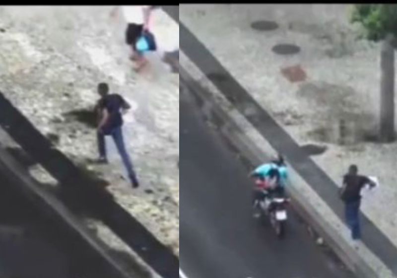 Ao ver o rapaz correndo atrás de um ônibus, o motociclista desconhecido para e dá carona a ele. Foto: reprodução vídeo / @riodenojeiras