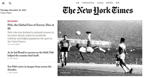 O 'New York Times' chamou Pelé de 'face global' do futebol — Foto: New York Times/Reprodução