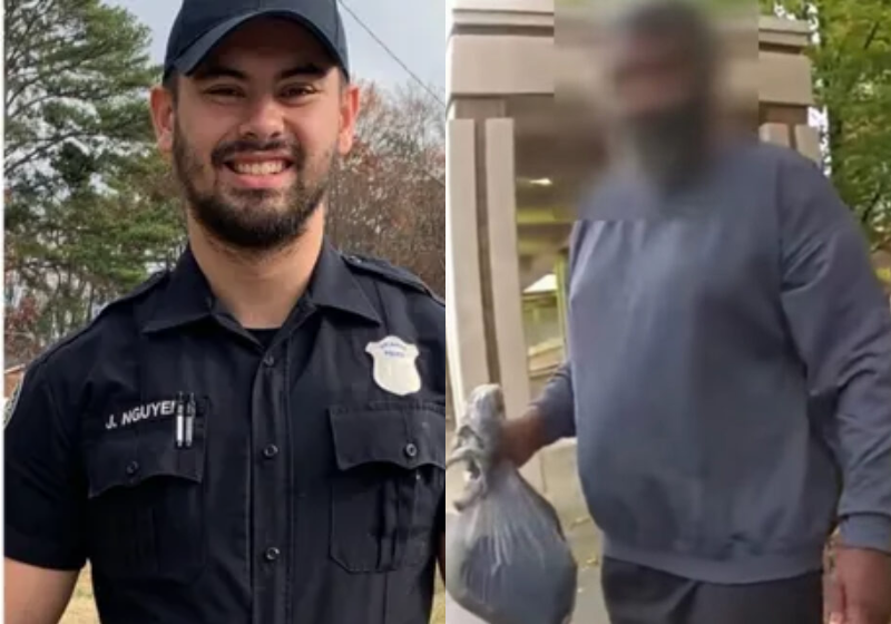 O policial comprou roupas para o sem-teto seminu, após receber denúncia contra ele. - Foto: reprodução