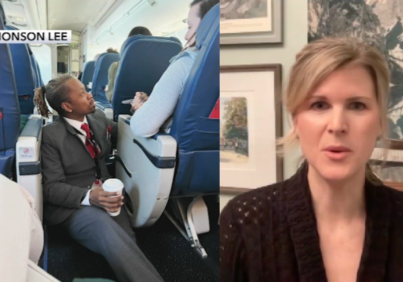 O comissário agachou no corredor para socorrer a passageira que chorava de medo. Passado o pânico, ela agradeceu - Fotos: reprodução / ABC7