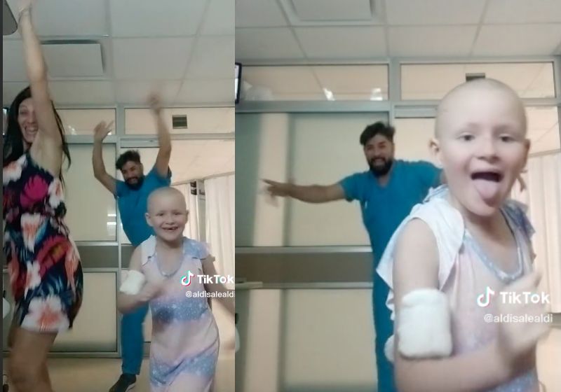 A menina, a mãe e o enfermeiro dançando para comemorar o fim da químio da MIlena - Fotos: reprodução. / TikTok