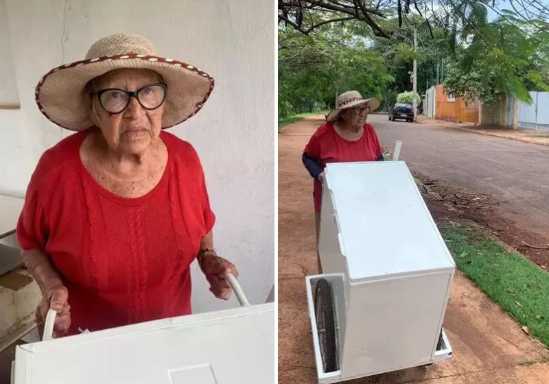 Em passos lentos pelo avanço da idade, a “Carmen do Pastel”, como é conhecida pelos vizinhos, vai oferecendo os salgados a quem passa por ela. Fotos: Reprodução/Vídeo