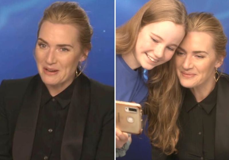 No registro, que já reúne mais de 5,4 milhões de visualizçaões, Kate Winslet encoraja a novata a lhe fazer uma pergunta. Uma fofa! Fotos: Reprodução/vídeo