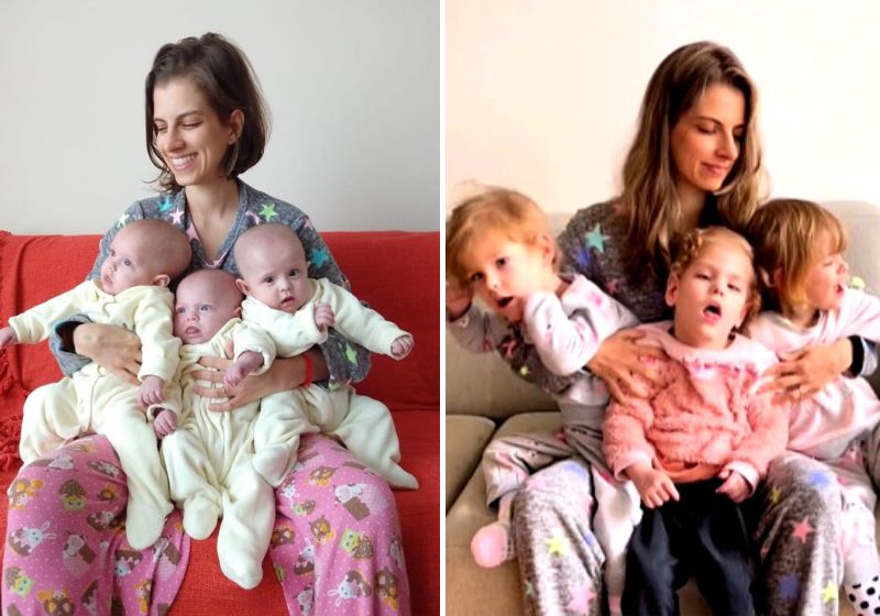 As filhas Athena, Helena e Sophia, hoje com 4 anos, nasceram de um parto prematuro de apenas 26 semanas. Fotos: Reprodução/Redes Sociais